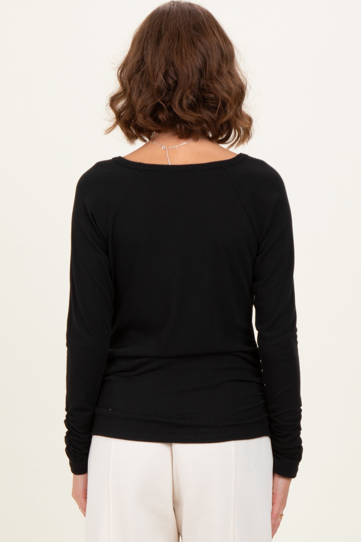 Black Solid Ribbed Ruched Long Sleeve Top
