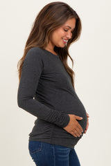 Charcoal Solid Ribbed Ruched Long Sleeve Maternity Top
