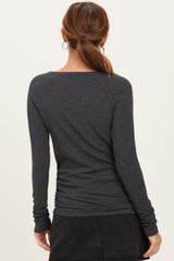 Charcoal Solid Ribbed Ruched Long Sleeve Top