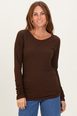 Brown Solid Ribbed Ruched Long Sleeve Maternity Top