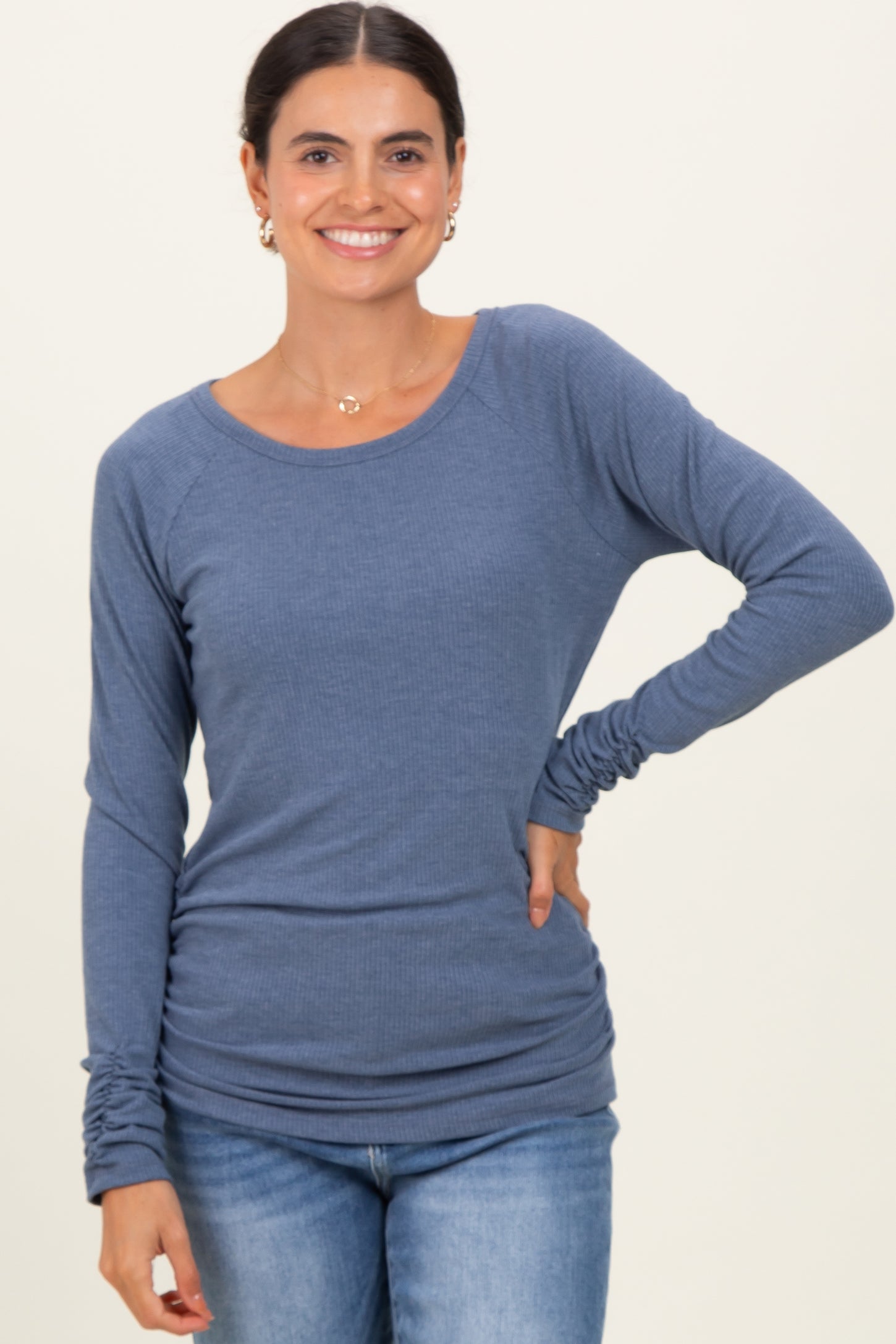 Blue Solid Ribbed Ruched Long Sleeve Maternity Top