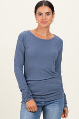 Blue Solid Ribbed Ruched Long Sleeve Top