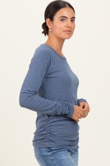 Blue Solid Ribbed Ruched Long Sleeve Top