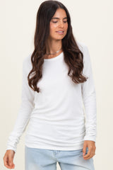 Ivory Solid Ribbed Ruched Long Sleeve Top
