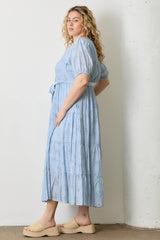 Light Blue Split Neckline Tiered Plus Midi Dress