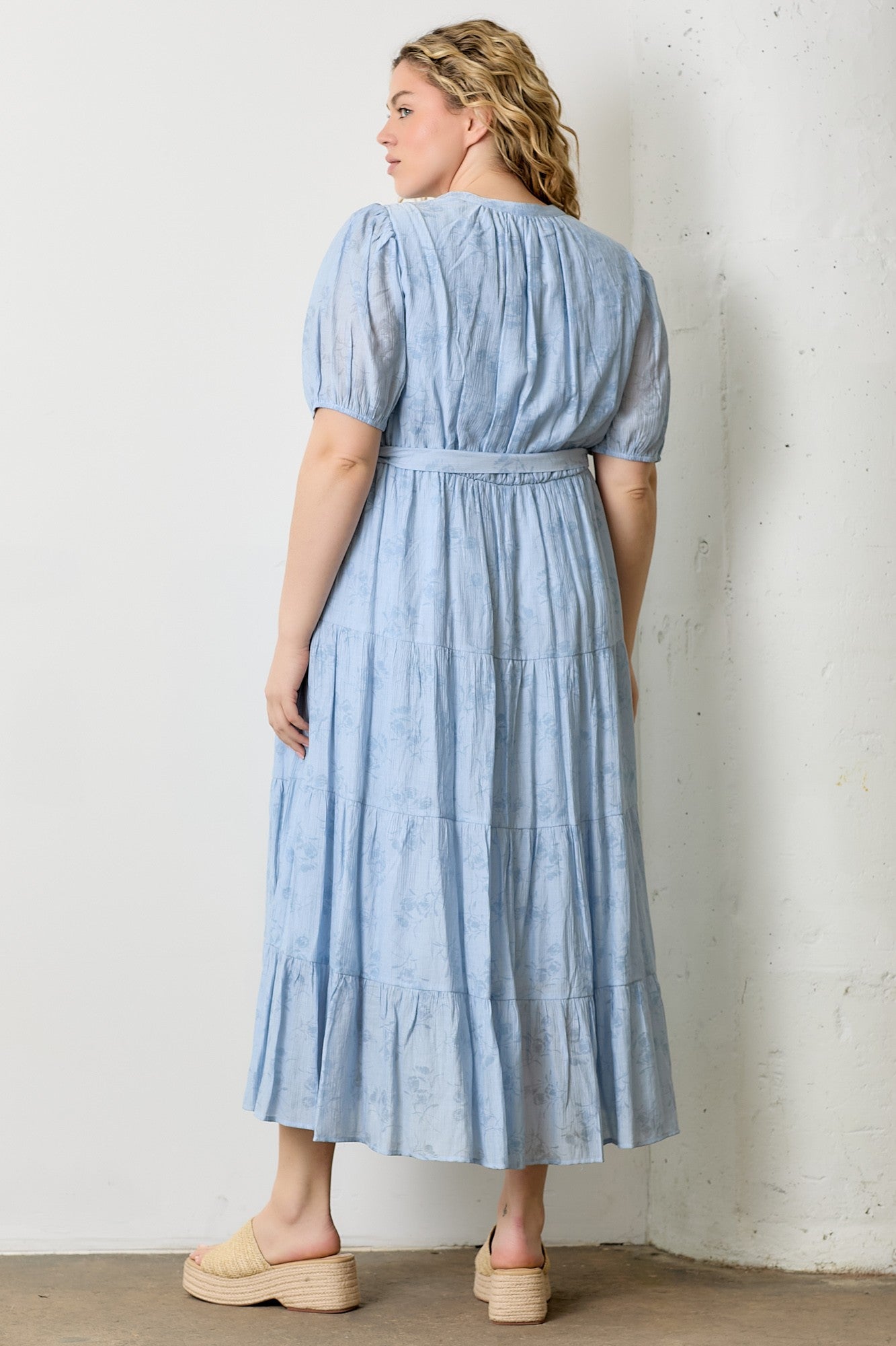 Light Blue Split Neckline Tiered Plus Midi Dress Light Blue Split Neckline Tiered Plus Midi Dress