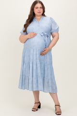 Light Blue Split Neckline Tiered Maternity Plus Midi Dress