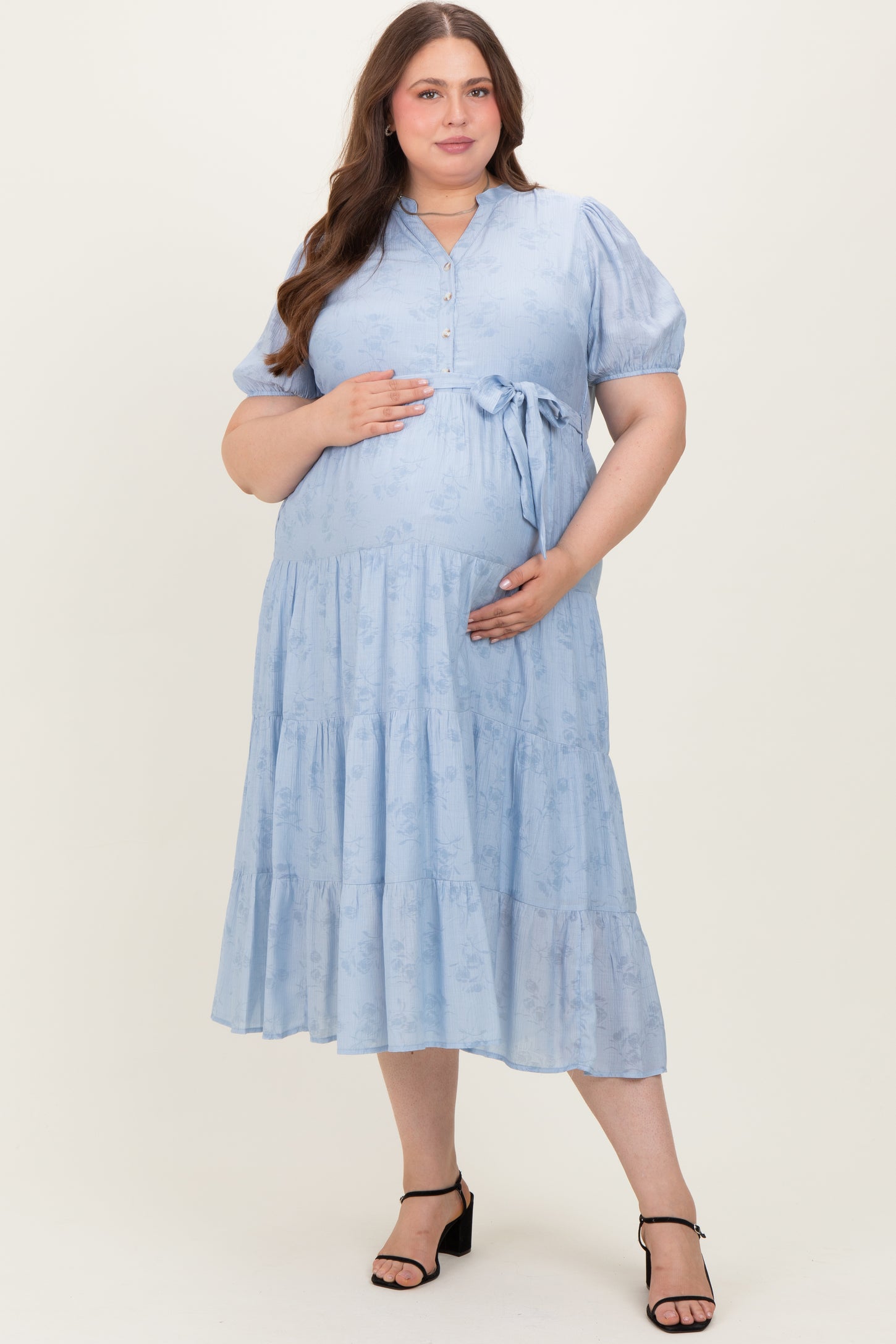 Light Blue Split Neckline Tiered Maternity Plus Midi Dress PinkBlush Light Blue Split Neckline Tiered Maternity Plus Midi Dress PinkBlush