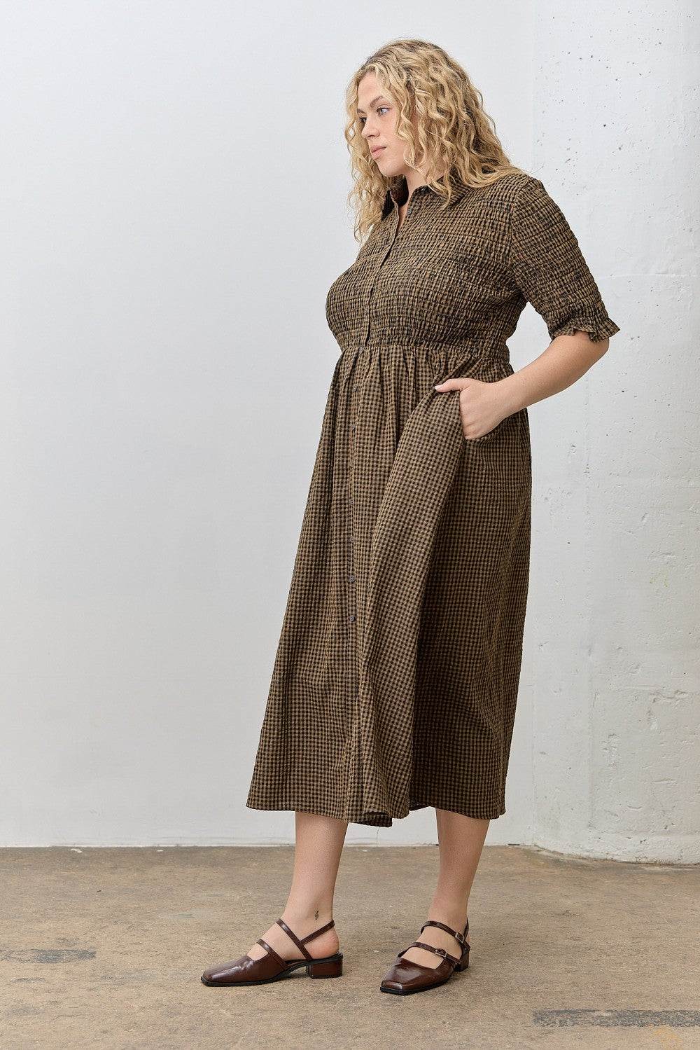 Brown Gingham Smocked Button Down Plus Midi Dress – PinkBlush