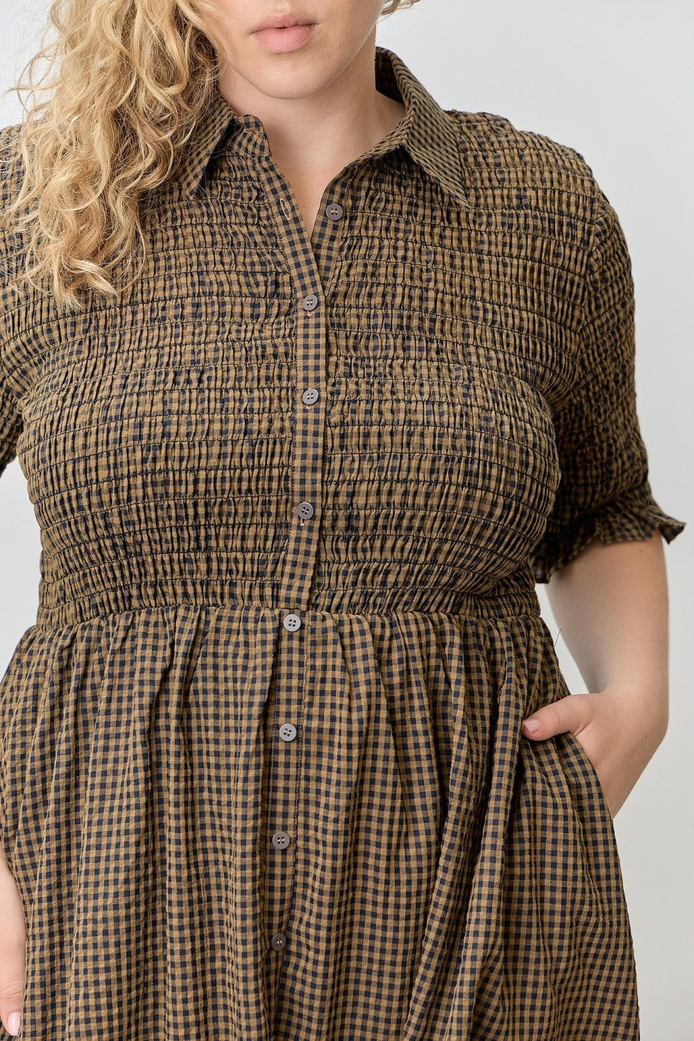 Brown Gingham Smocked Button Down Plus Midi Dress