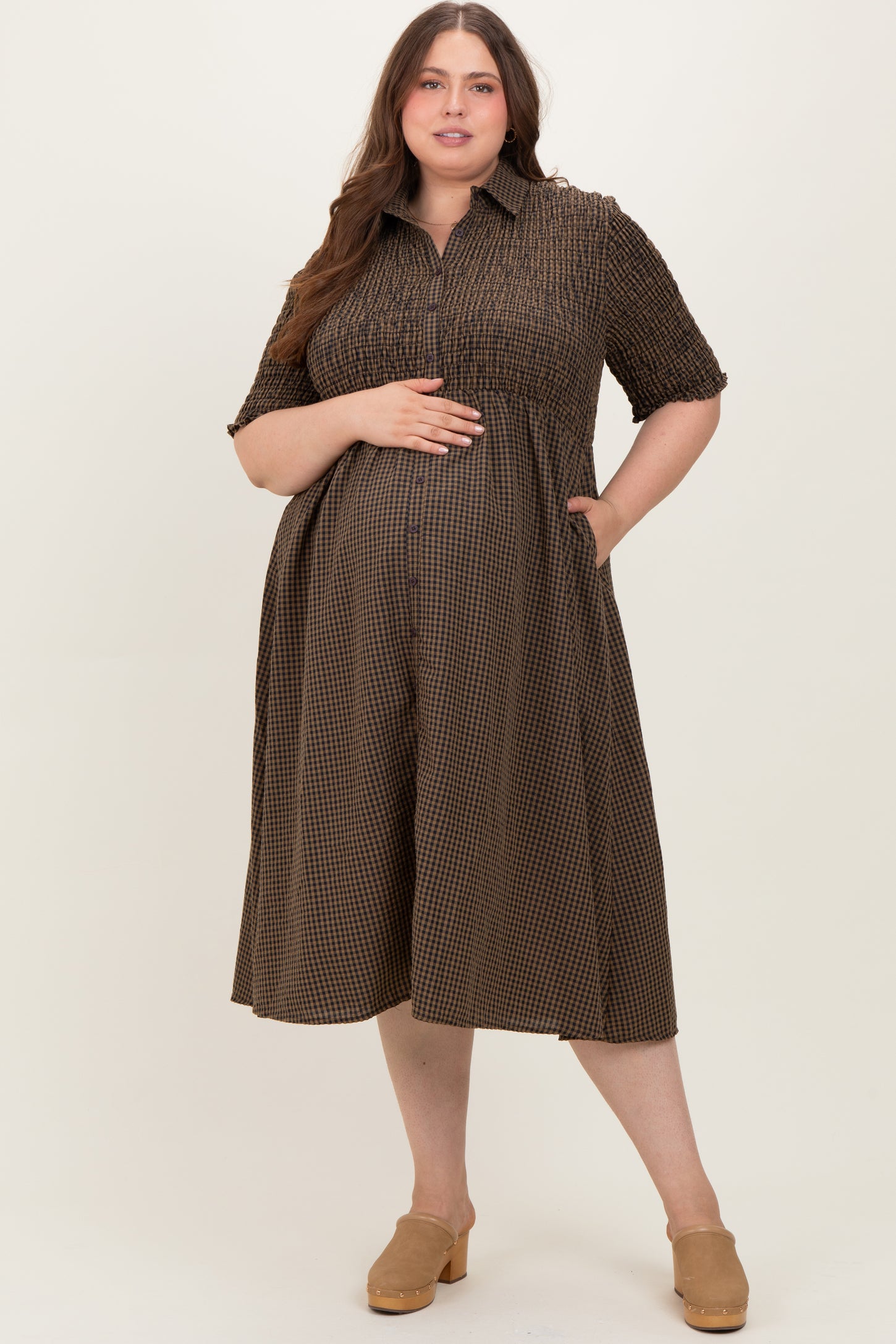 plus size brown midi dress Plus Size Sultry Nights Ruched Midi Dress