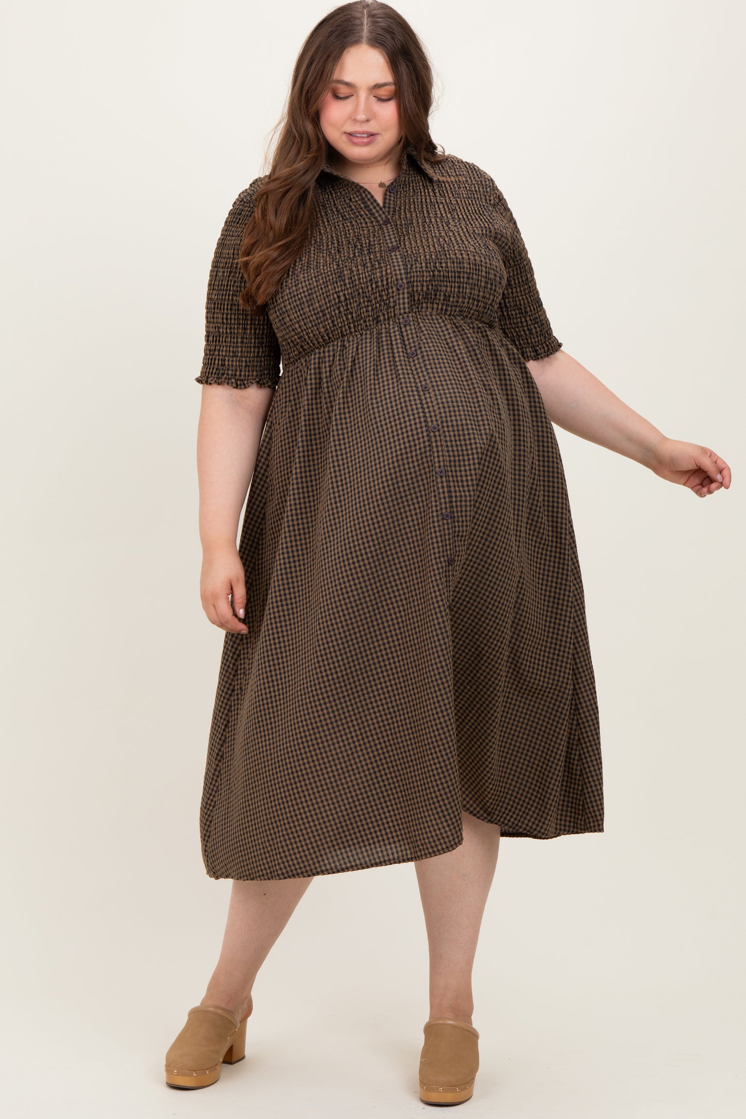 Brown Gingham Smocked Button Down Maternity Plus Midi Dress