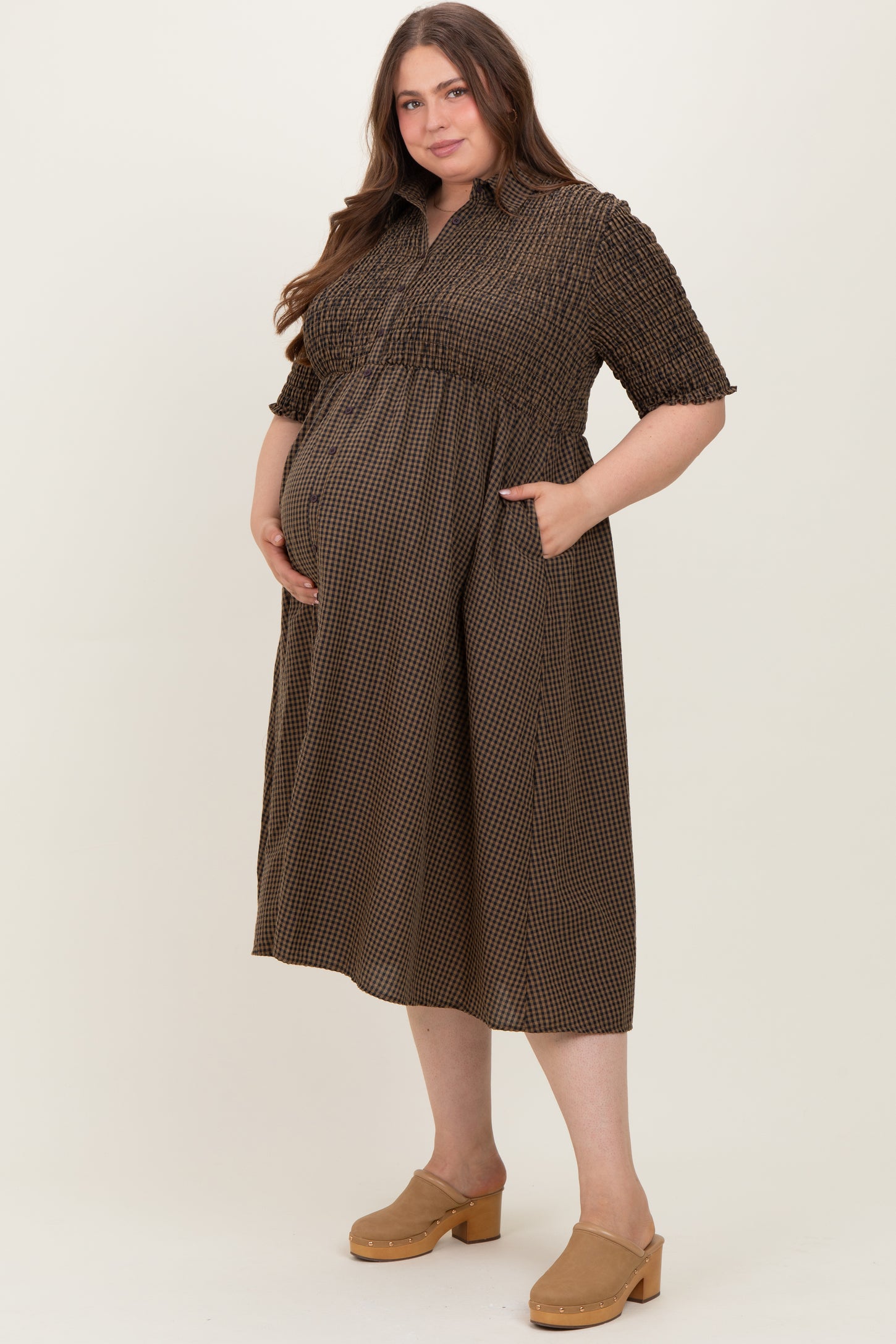 Brown Gingham Smocked Button Down Maternity Plus Midi Dress
