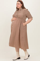 Mocha Gingham Smocked Button Down Maternity Plus Midi Dress