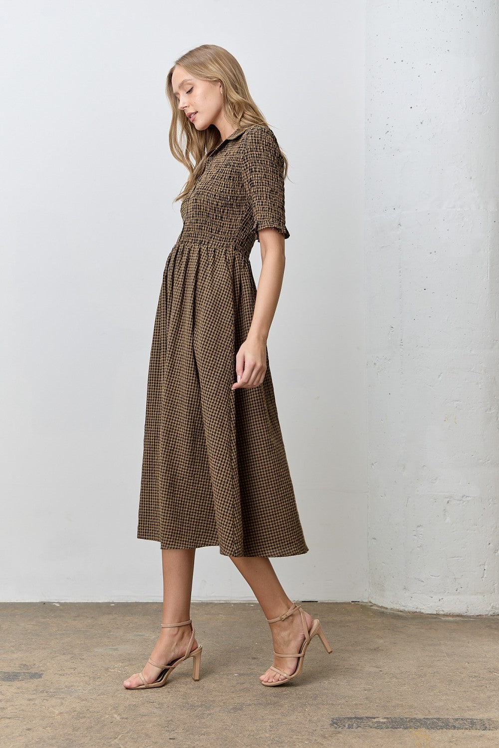 Brown Gingham Smocked Button Down Midi Dress