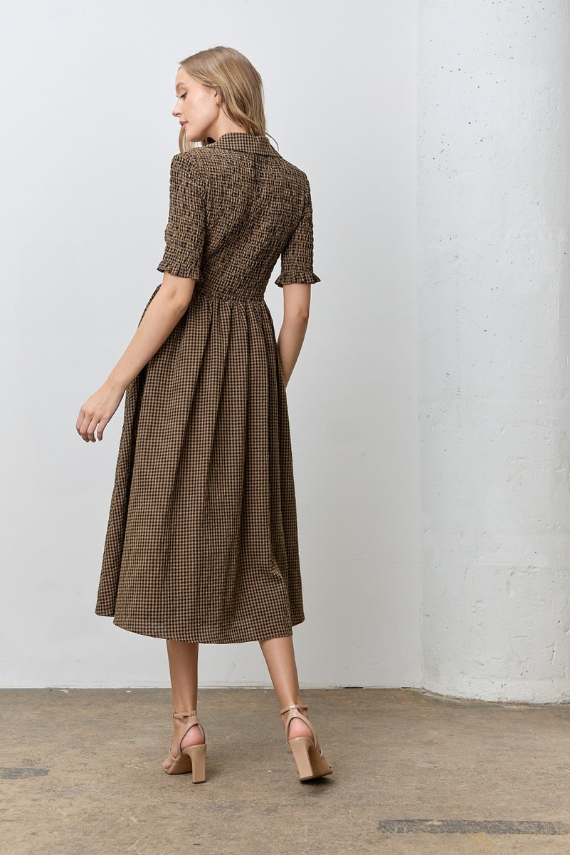 dawn midi dress in brown gingham reviews Smocked Button Down swatch:peppercorn-stripe Blue is Actually the The Charley Floral Midi Style:ES02080MG