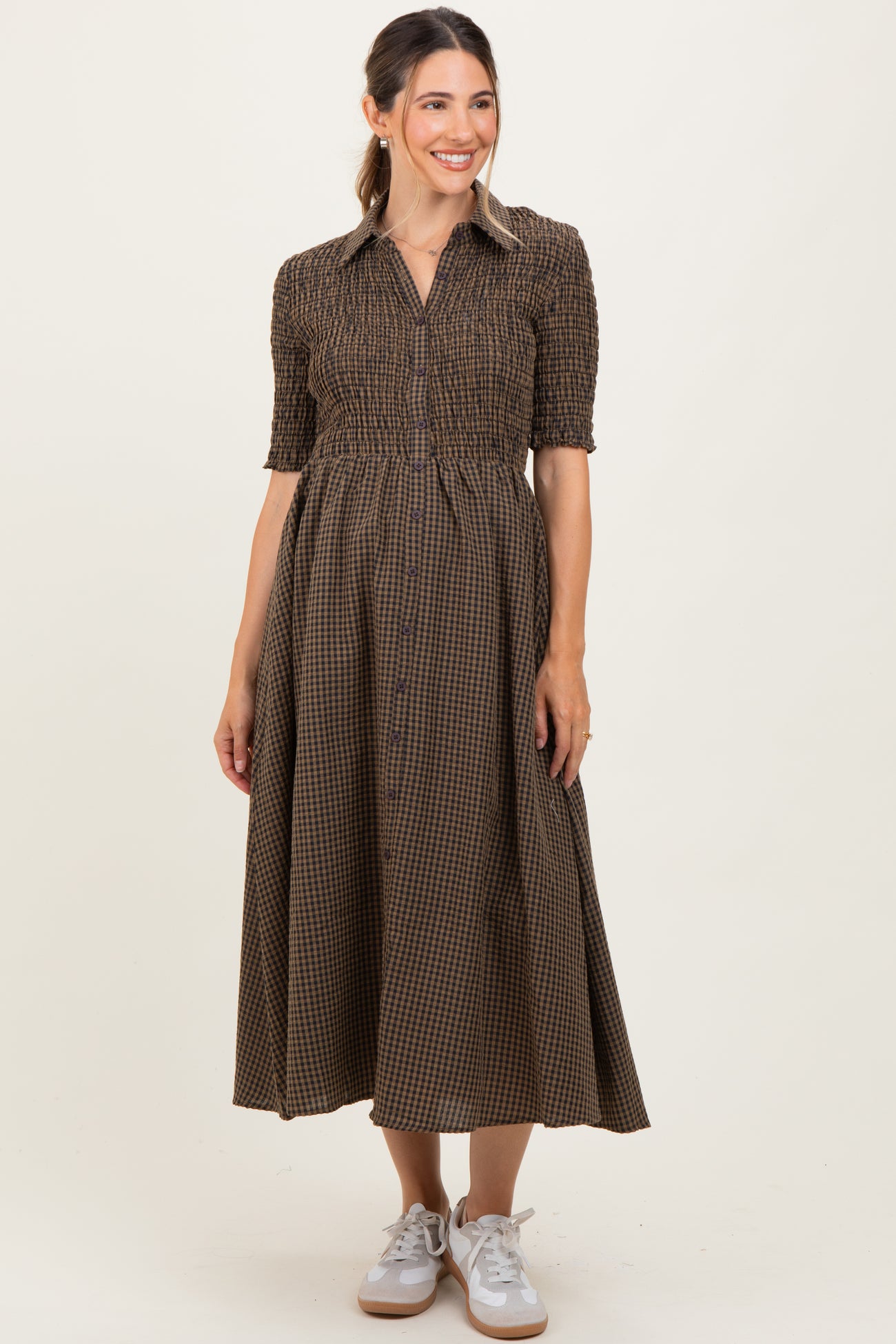 Brown Gingham Smocked Button Down Maternity Midi Dress Brown Gingham Smocked Button Down Maternity Midi Dress