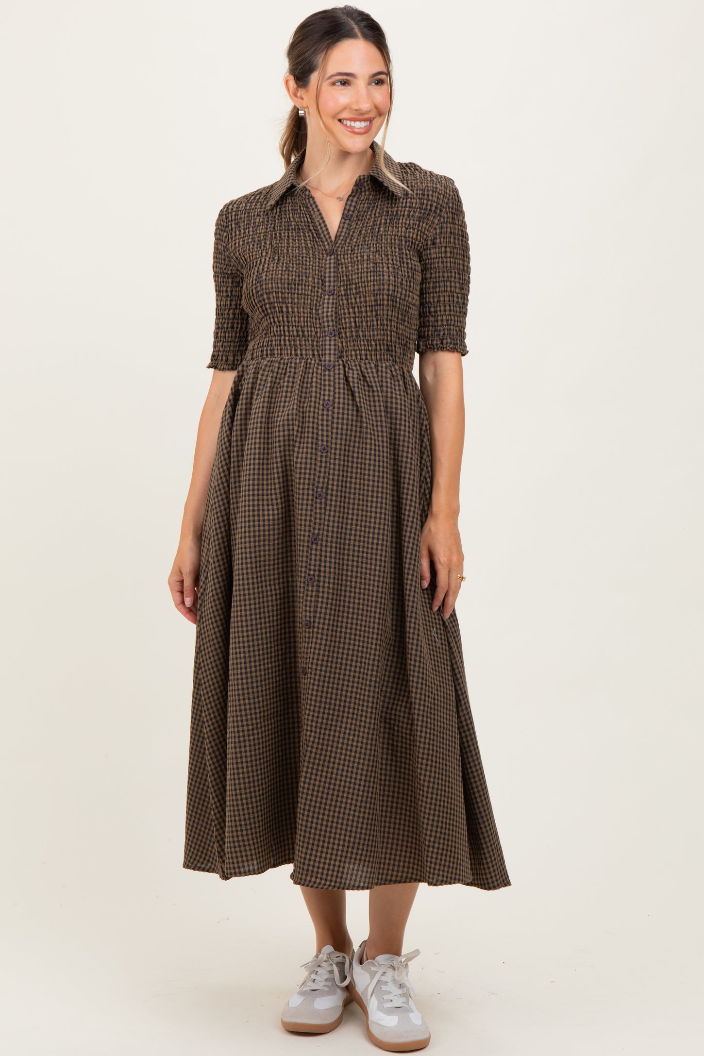 Brown Gingham Smocked Button Down Maternity Midi Dress