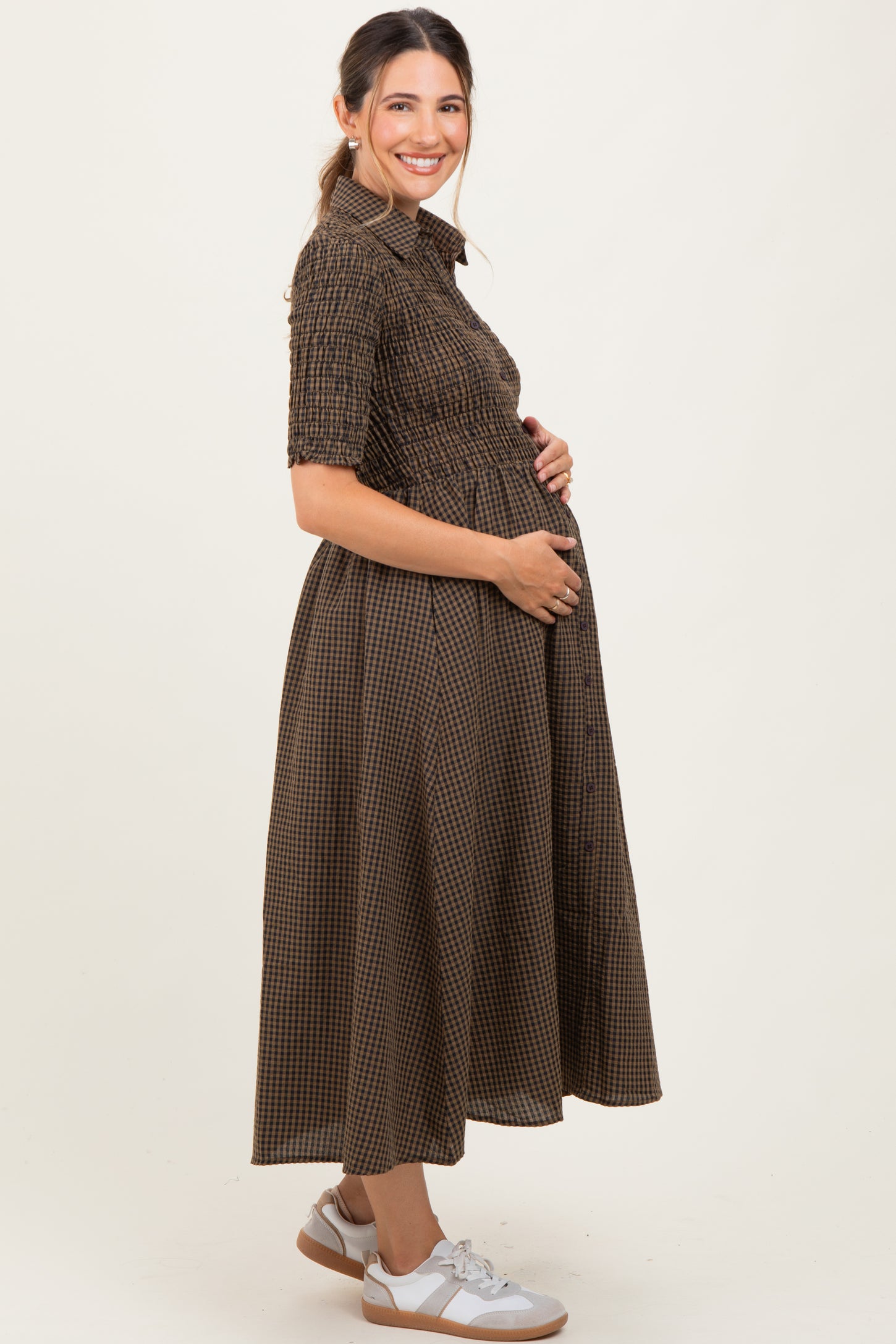 Brown Gingham Smocked Button Down Maternity Midi Dress