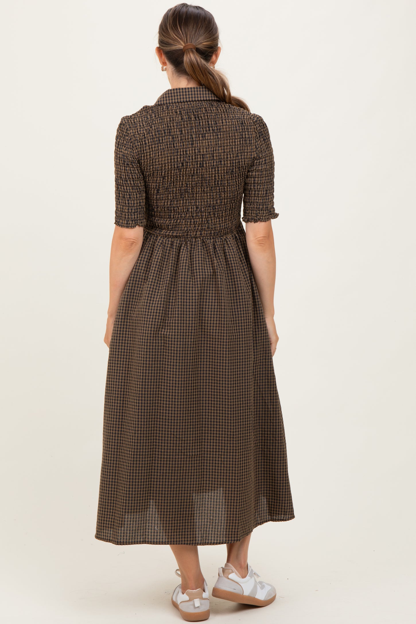 Brown Gingham Smocked Button Down Maternity Midi Dress