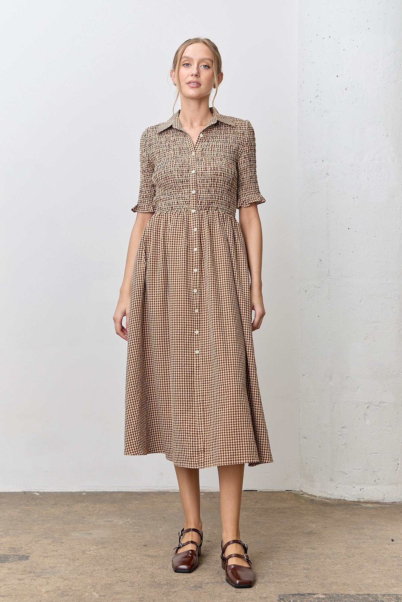 Mocha Gingham Smocked Button Down Midi Dress