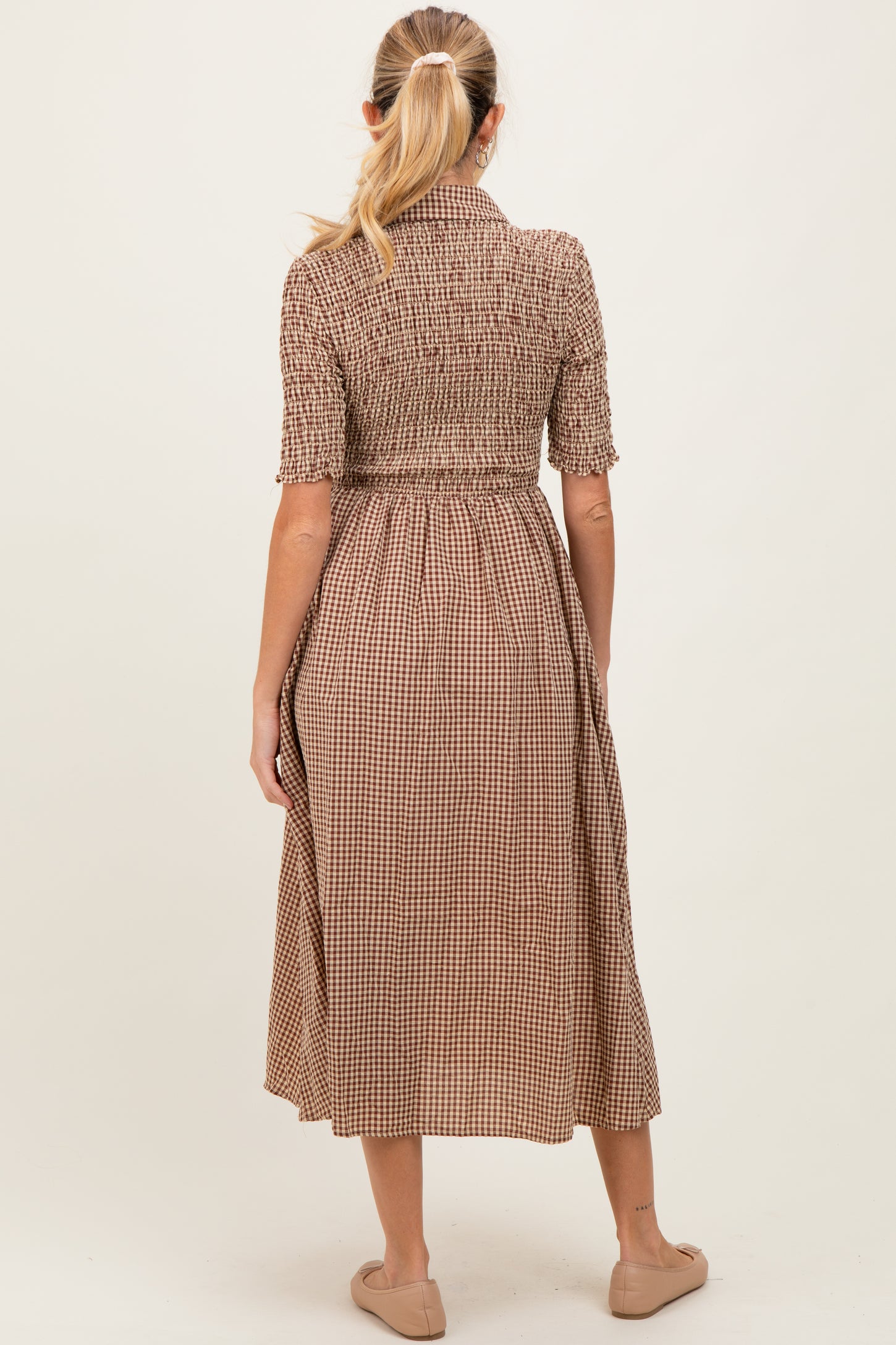 Mocha Gingham Smocked Button Down Maternity Midi Dress – PinkBlush