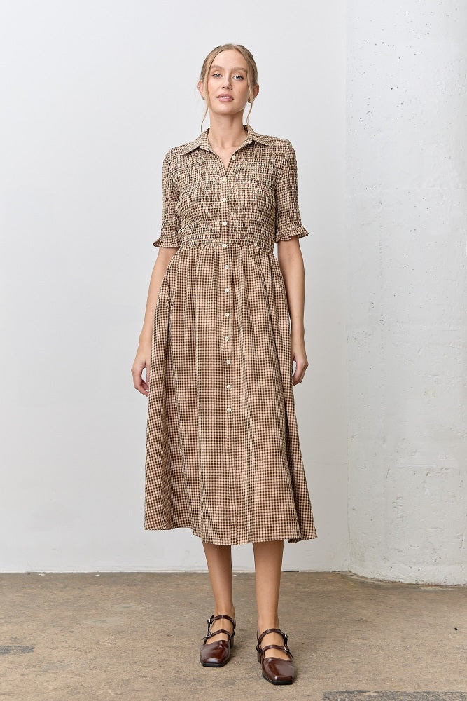 dawn midi dress in brown gingham product info and reviews Mocha Smocked Button Down Maternity – PinkBlush Color:Brown Crochet Characters Who Wear Blue the eponymous ready Satin homecoming dresses
