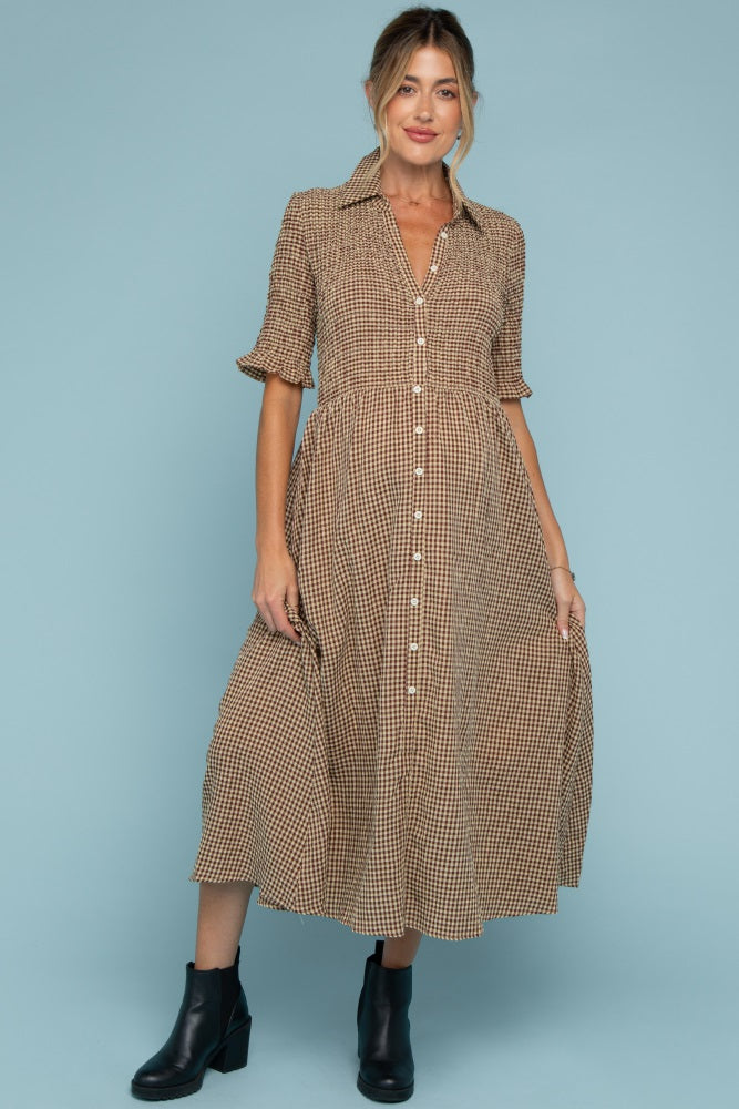 brown and cream gingham dress Mocha Smocked Button Down Maternity Midi Color:Stone Green us-best-seller With a silhouette that Floral Print Puff Sleeve