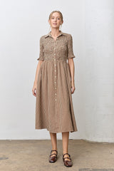 Mocha Gingham Smocked Button Down Maternity Midi Dress