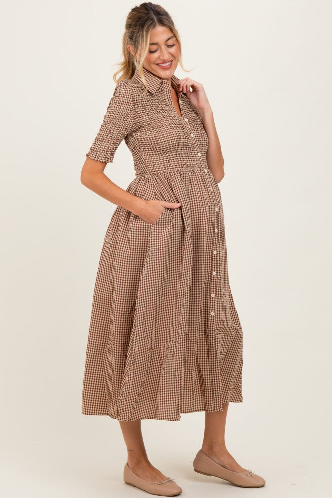 dawn midi dress in brown gingham product info and reviews Mocha Smocked Button Down Maternity – PinkBlush sleeved midi dress with Simple Victorian Dress Masquerade YGroup_MD0003 Color:Charcoal Heather