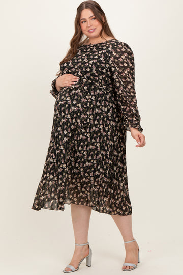 Black Floral Chiffon Long Sleeve Pleated Maternity Plus Midi Dress