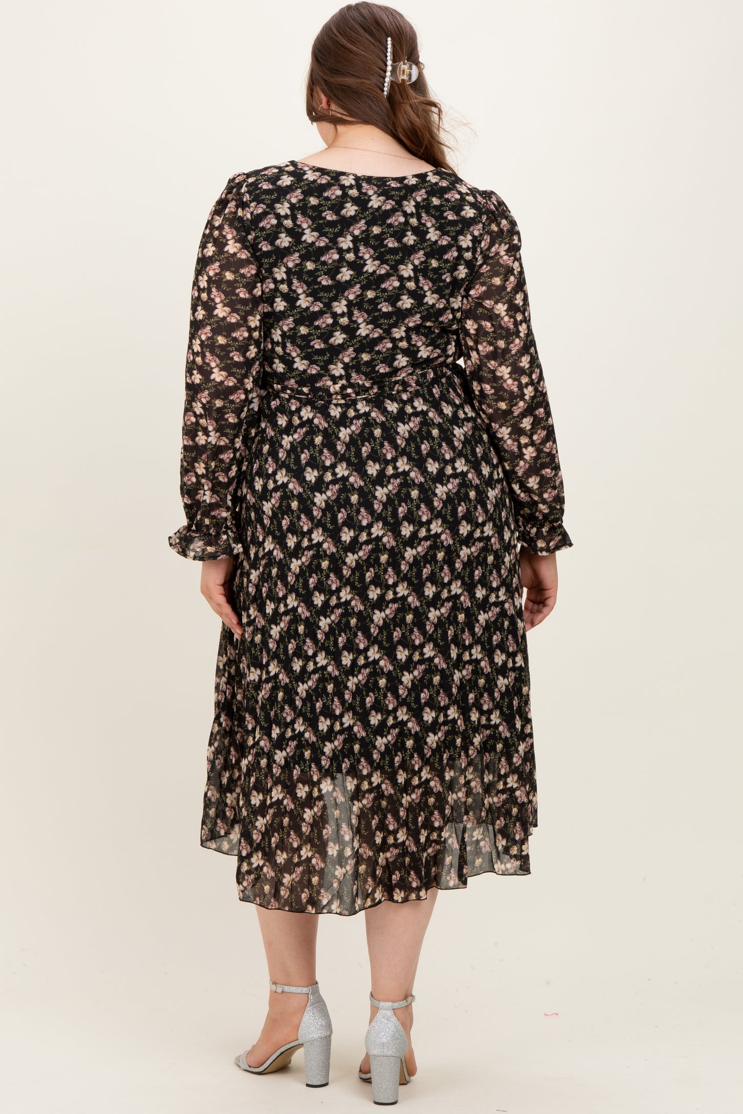 Black Floral Chiffon Long Sleeve Pleated Maternity Plus Midi Dress PinkBlush Black Floral Chiffon Long Sleeve Pleated Maternity Plus Midi Dress PinkBlush