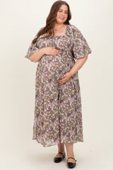 Taupe Floral Square Neck Short Puff Sleeve Maternity Plus Midi Dress