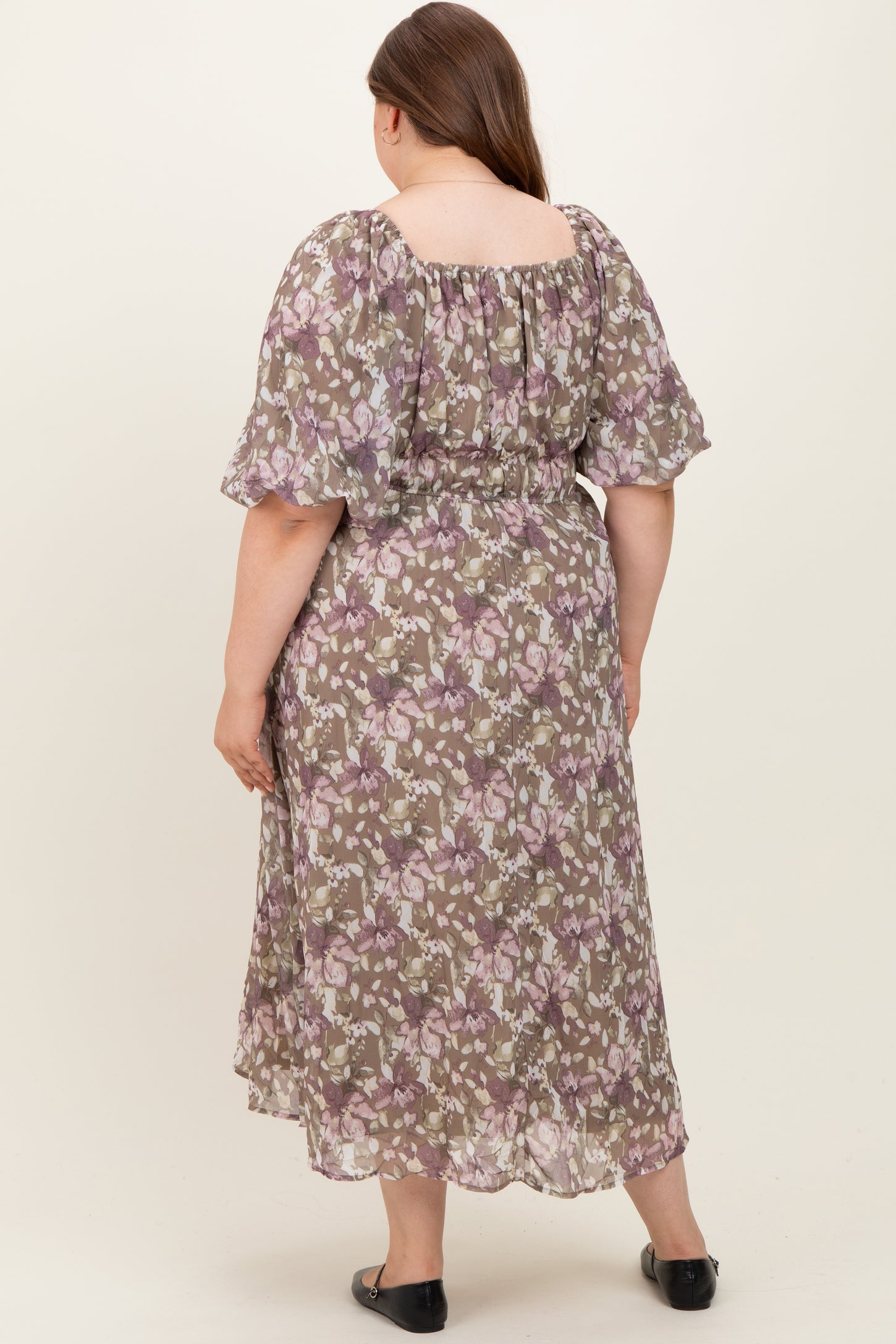Taupe Floral Square Neck Short Puff Sleeve Maternity Plus Midi Dress