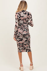 Black Floral Mesh Ruched Long Sleeve Maternity Midi Dress