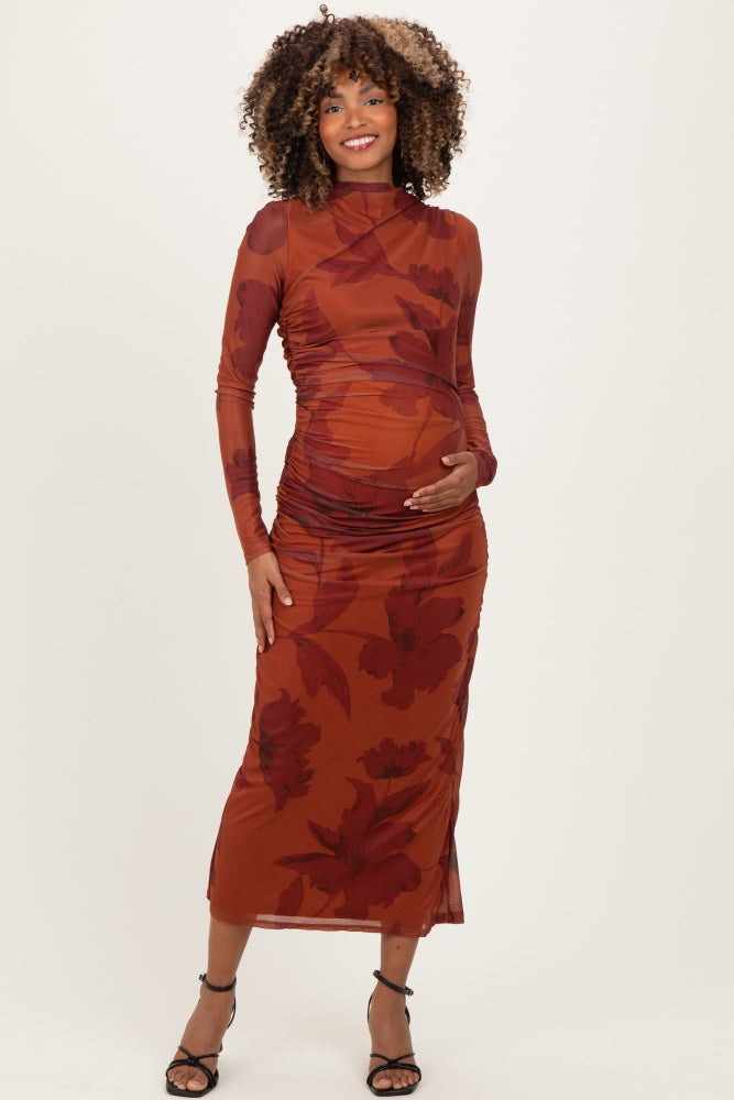 Rust Floral Mesh Ruched Long Sleeve Maternity Midi Dress