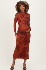 Rust Floral Mesh Ruched Long Sleeve Maternity Midi Dress