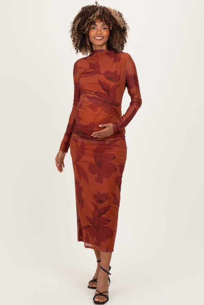 Rust Floral Mesh Ruched Long Sleeve Maternity Midi Dress