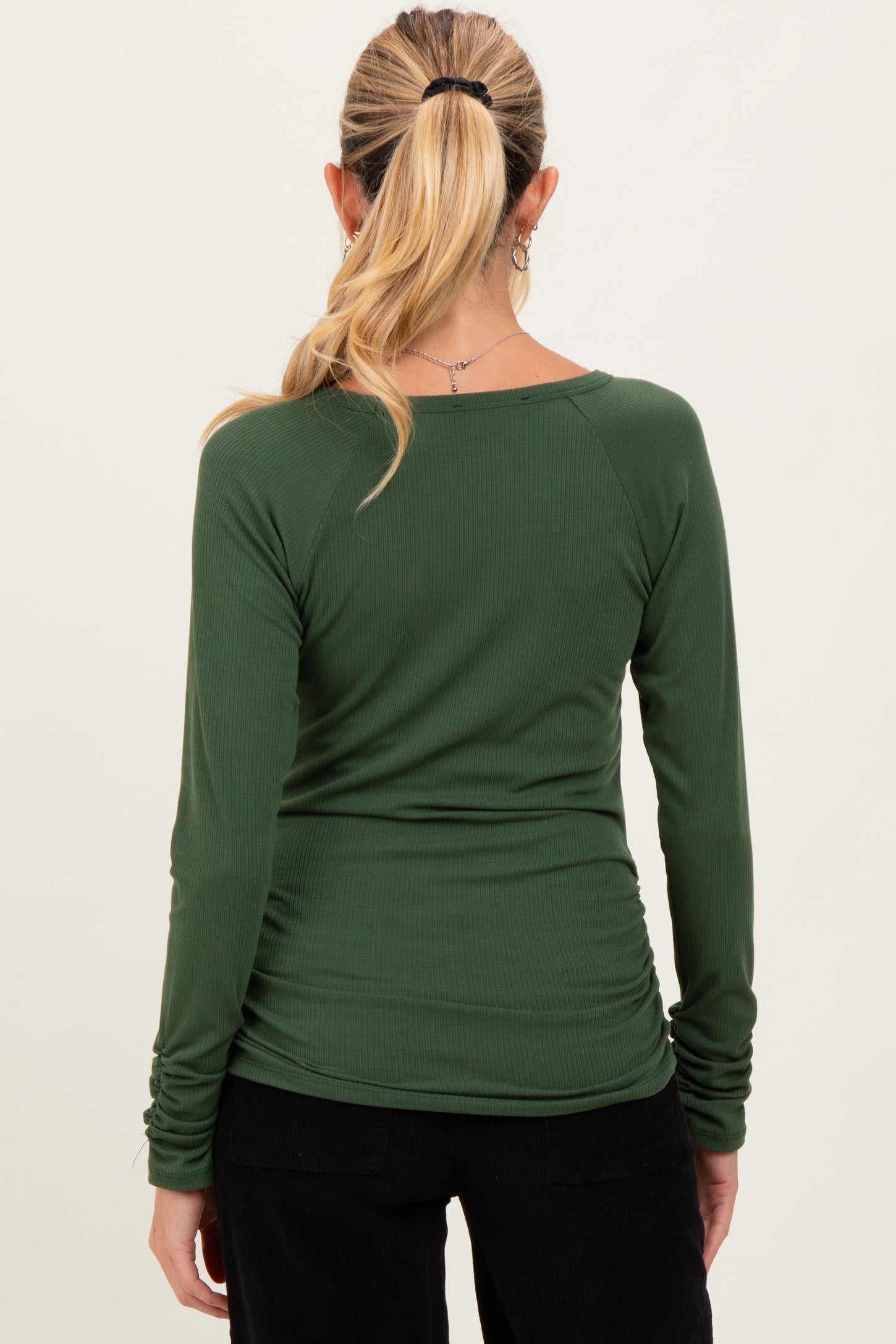 Olive Solid Ribbed Ruched Long Sleeve Maternity Top