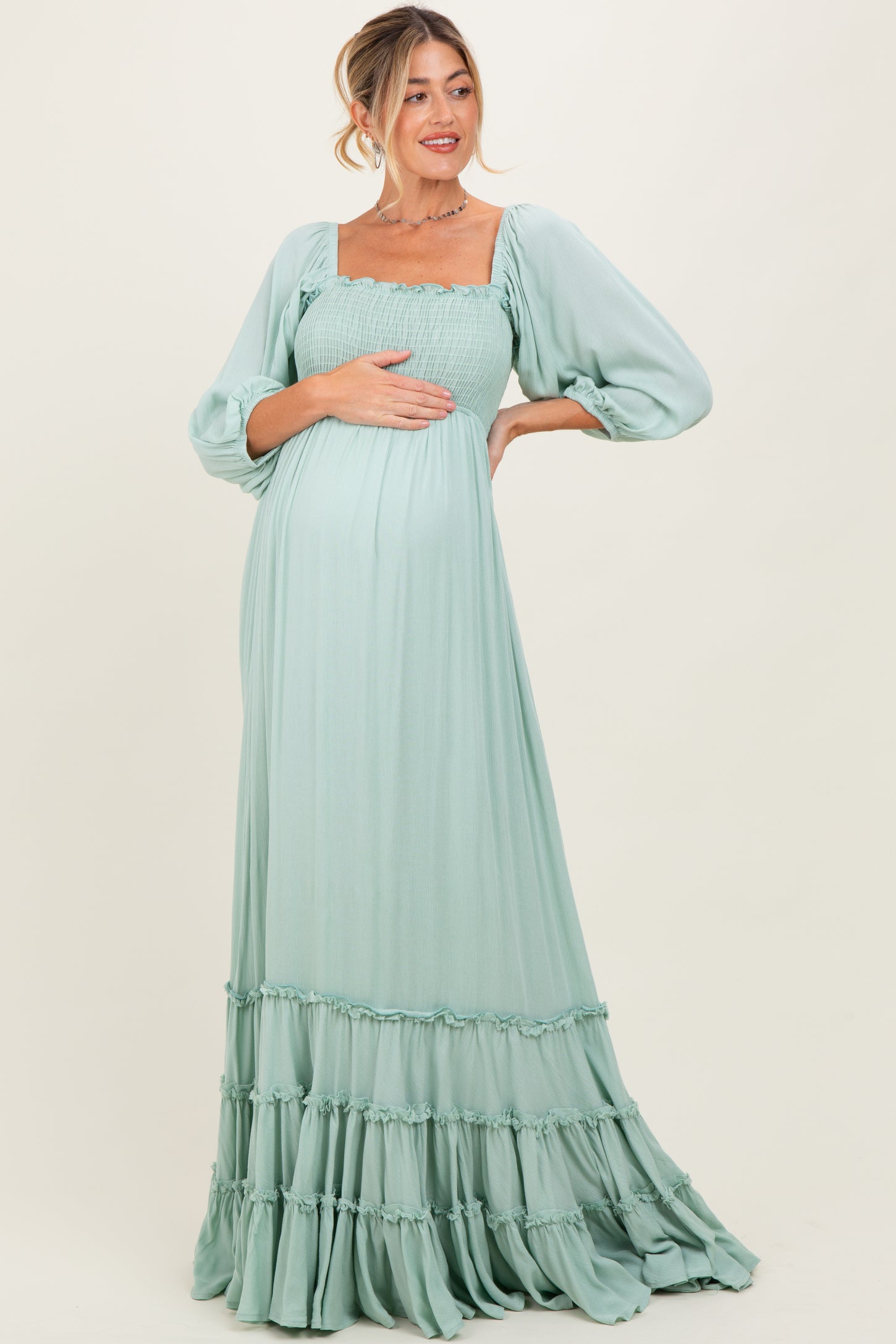 sage green maternity maxi dress Sage Floral Chiffon Smocked Ruffle Maternity Maxi Dress PinkBlush