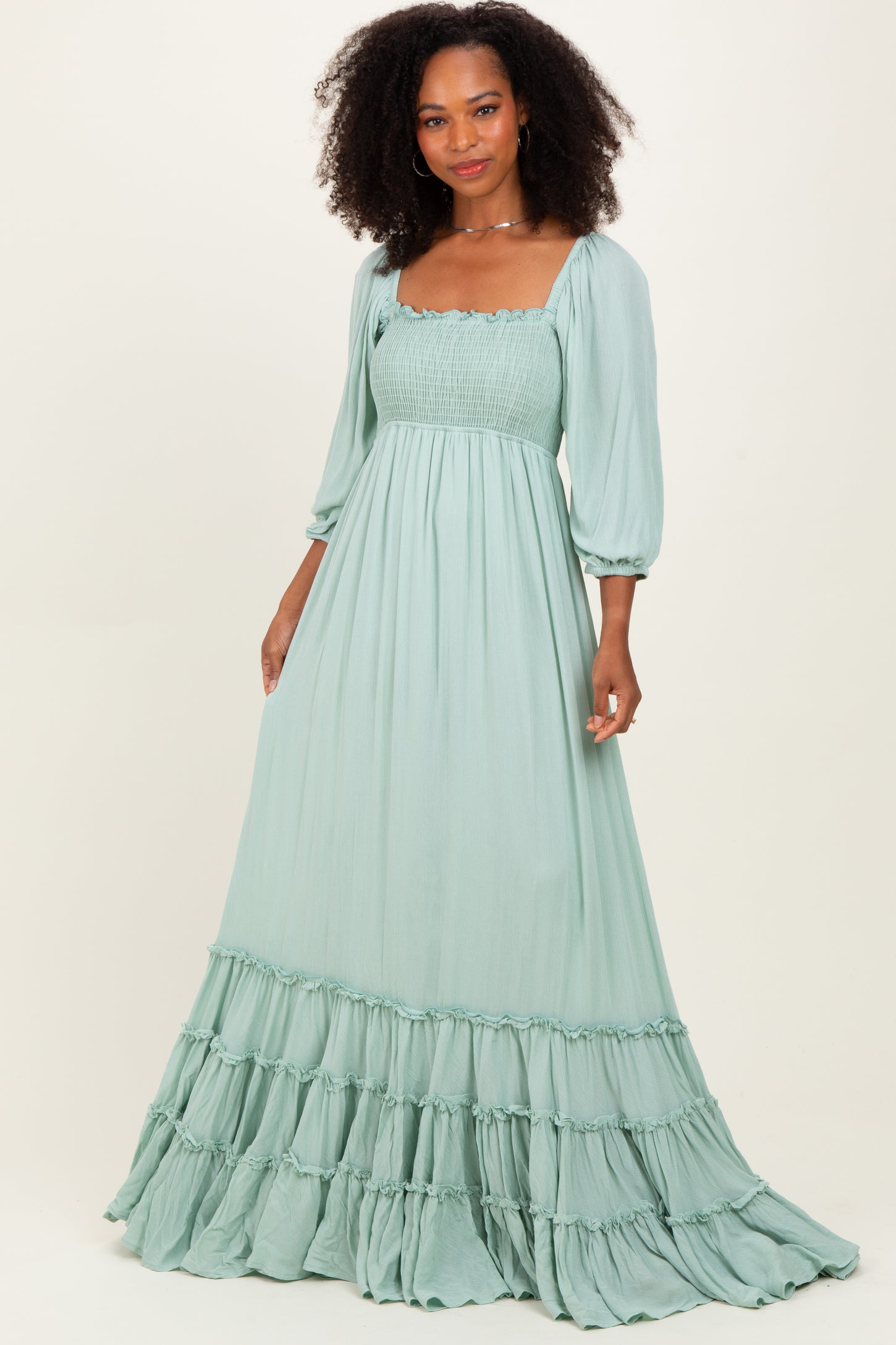 Sage Solid 3/4 Sleeve Smocked Top Tiered Maternity Maxi Dress PinkBlush Sage Solid 3/4 Sleeve Smocked Top Tiered Maternity Maxi Dress PinkBlush