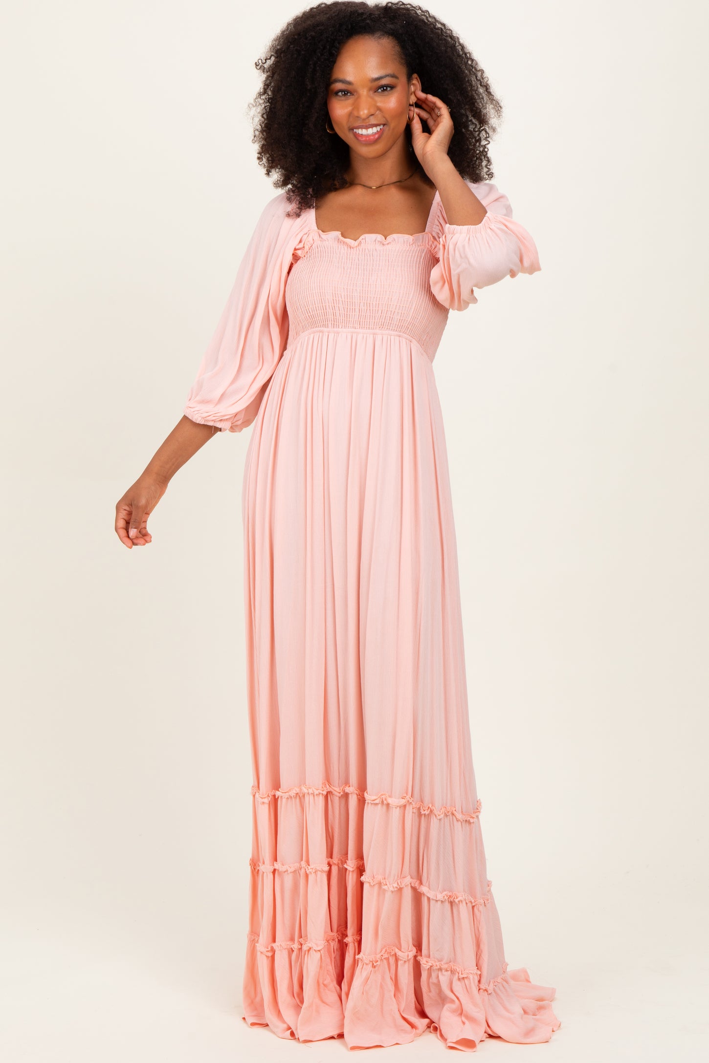 Light Pink Solid 3/4 Sleeve Smocked Top Tiered Maxi Dress PinkBlush Light Pink Solid 3/4 Sleeve Smocked Top Tiered Maxi Dress PinkBlush