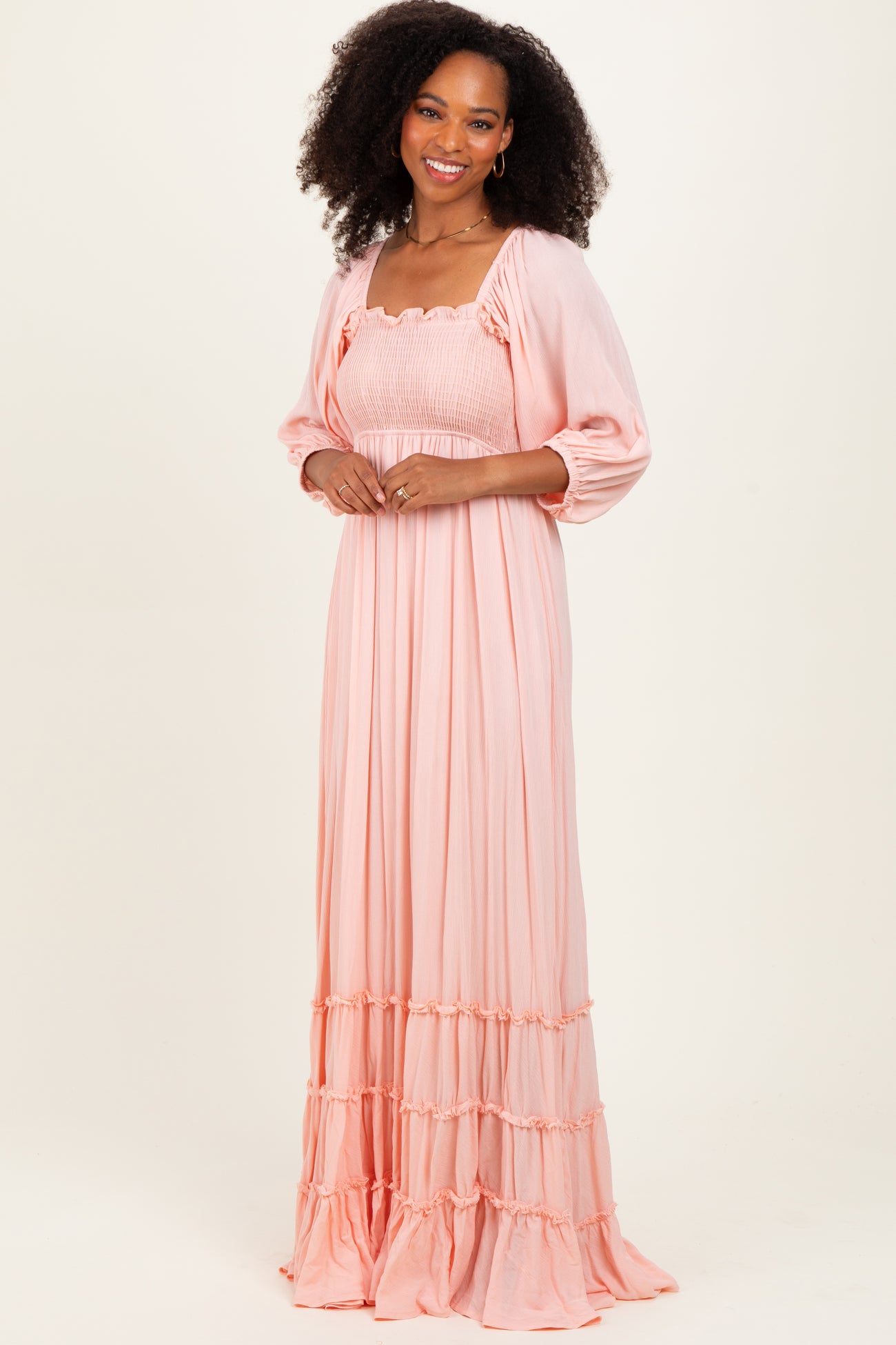 Light Pink Solid 3/4 Sleeve Smocked Top Tiered Maxi Dress – PinkBlush