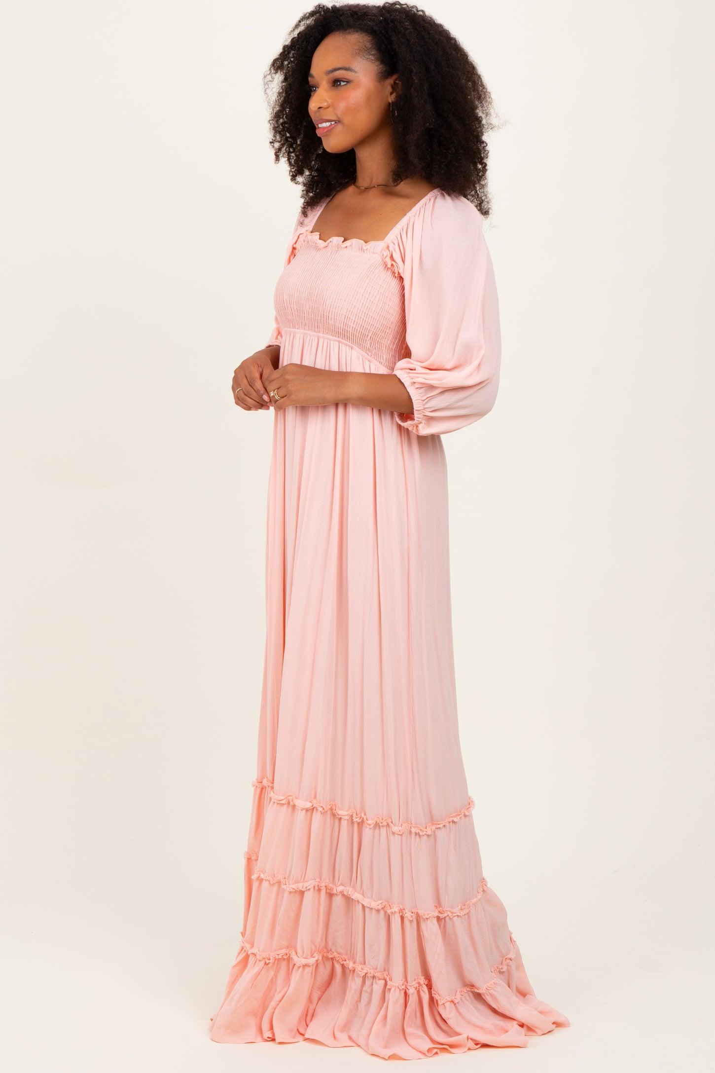 light pink maxi dress with sleeves Petal and Pup Women's Ilyana Long Sleeve Pink Off Shoulder Mesh Maxi DressHow to style Light Pink Solid 3/4 Sleeve