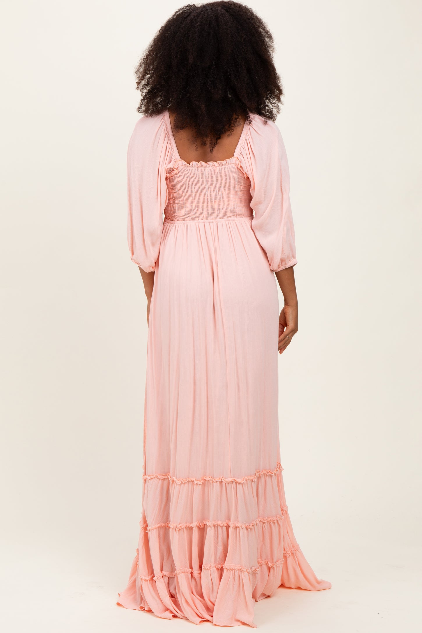 Light Pink Solid 3/4 Sleeve Smocked Top Tiered Maxi Dress – PinkBlush