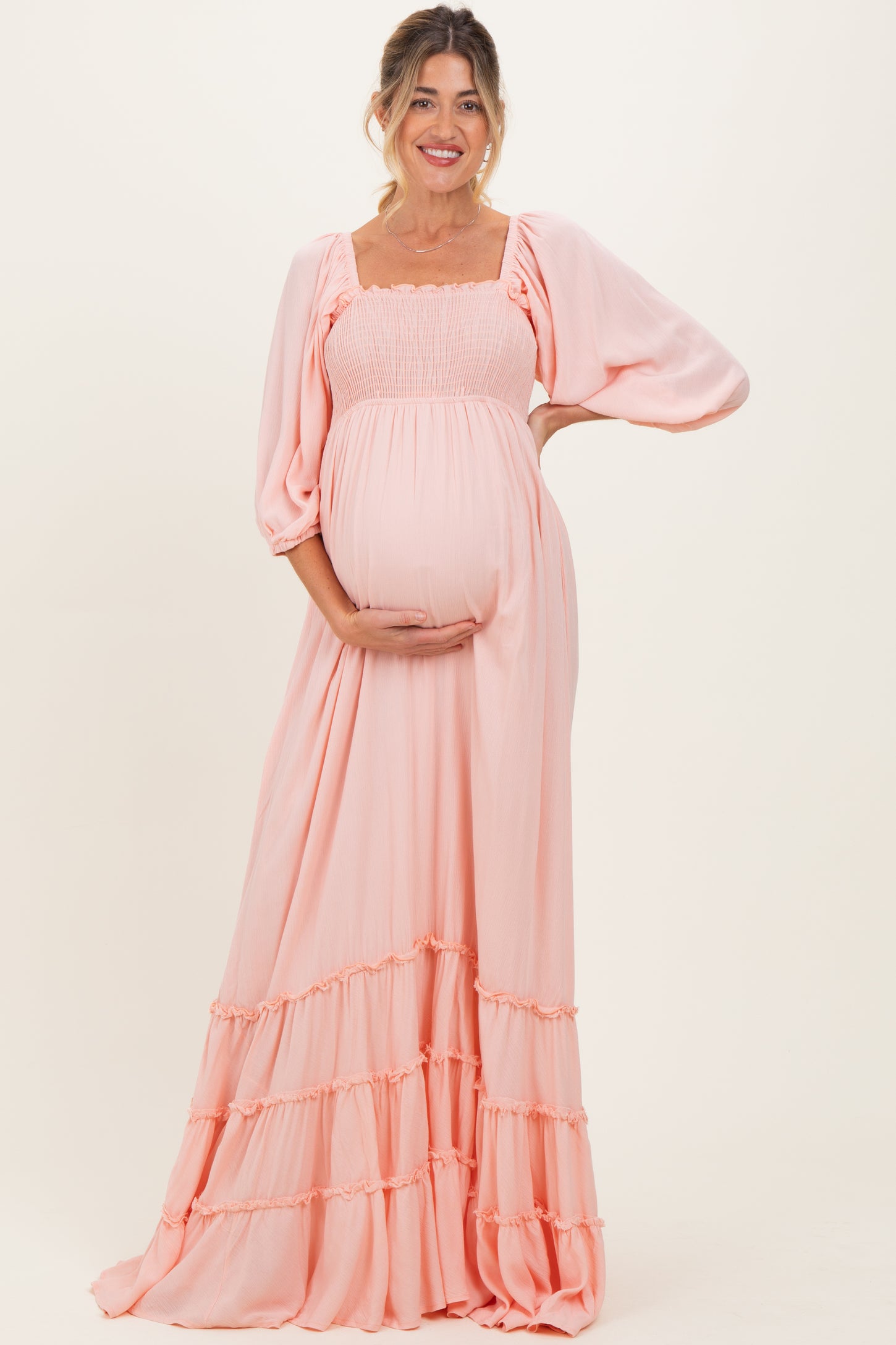 Light Pink Solid 3/4 Sleeve Smocked Top Tiered Maternity Maxi Dress