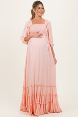 Light Pink Solid 3/4 Sleeve Smocked Top Tiered Maternity Maxi Dress