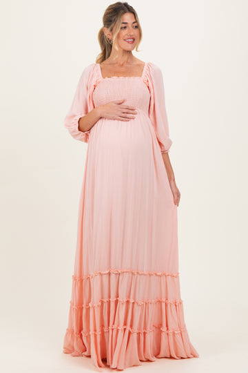 Light Pink Solid 3/4 Sleeve Smocked Top Tiered Maternity Maxi Dress