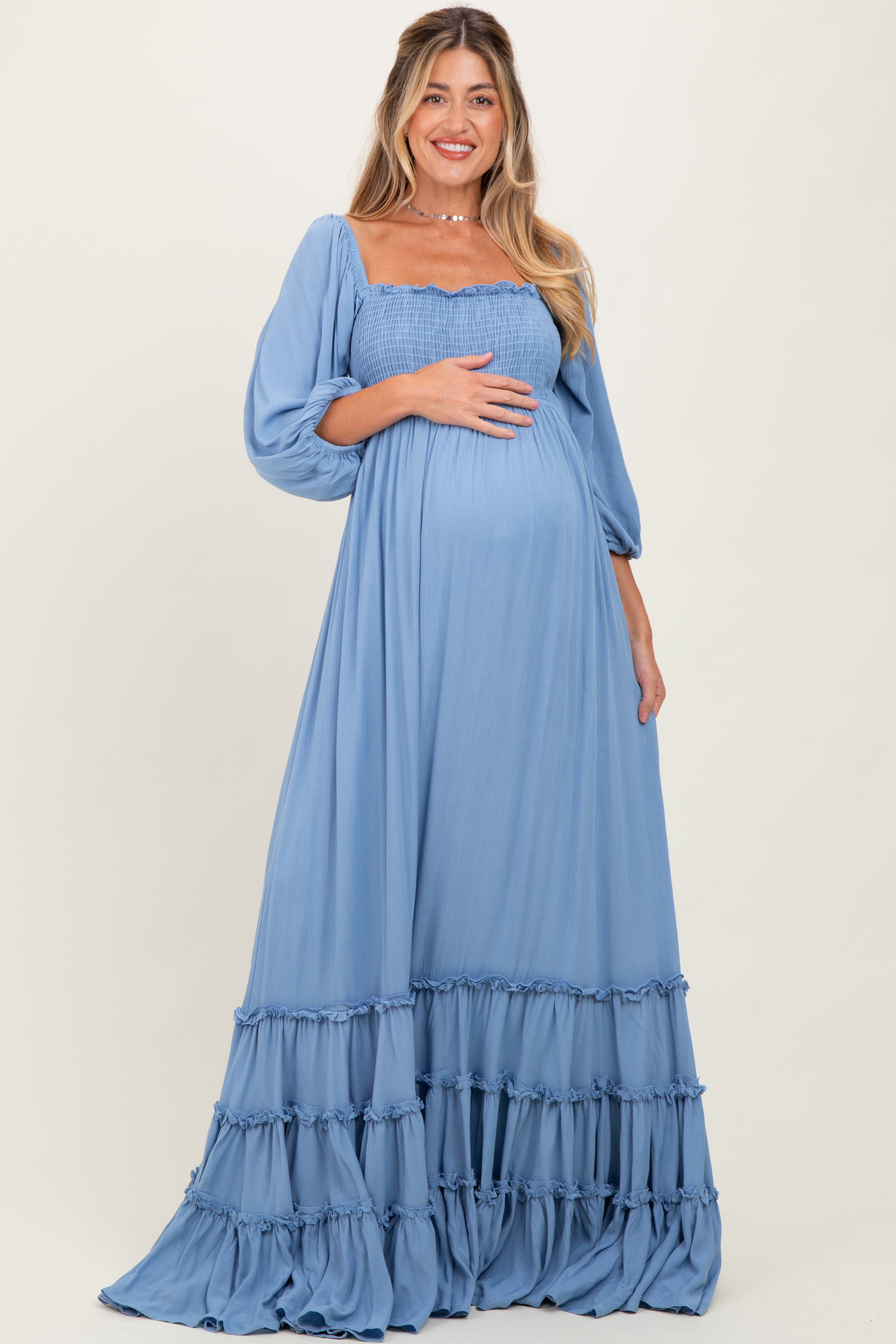 Blue Solid 3/4 Sleeve Smocked Top Tiered Maternity Maxi Dress