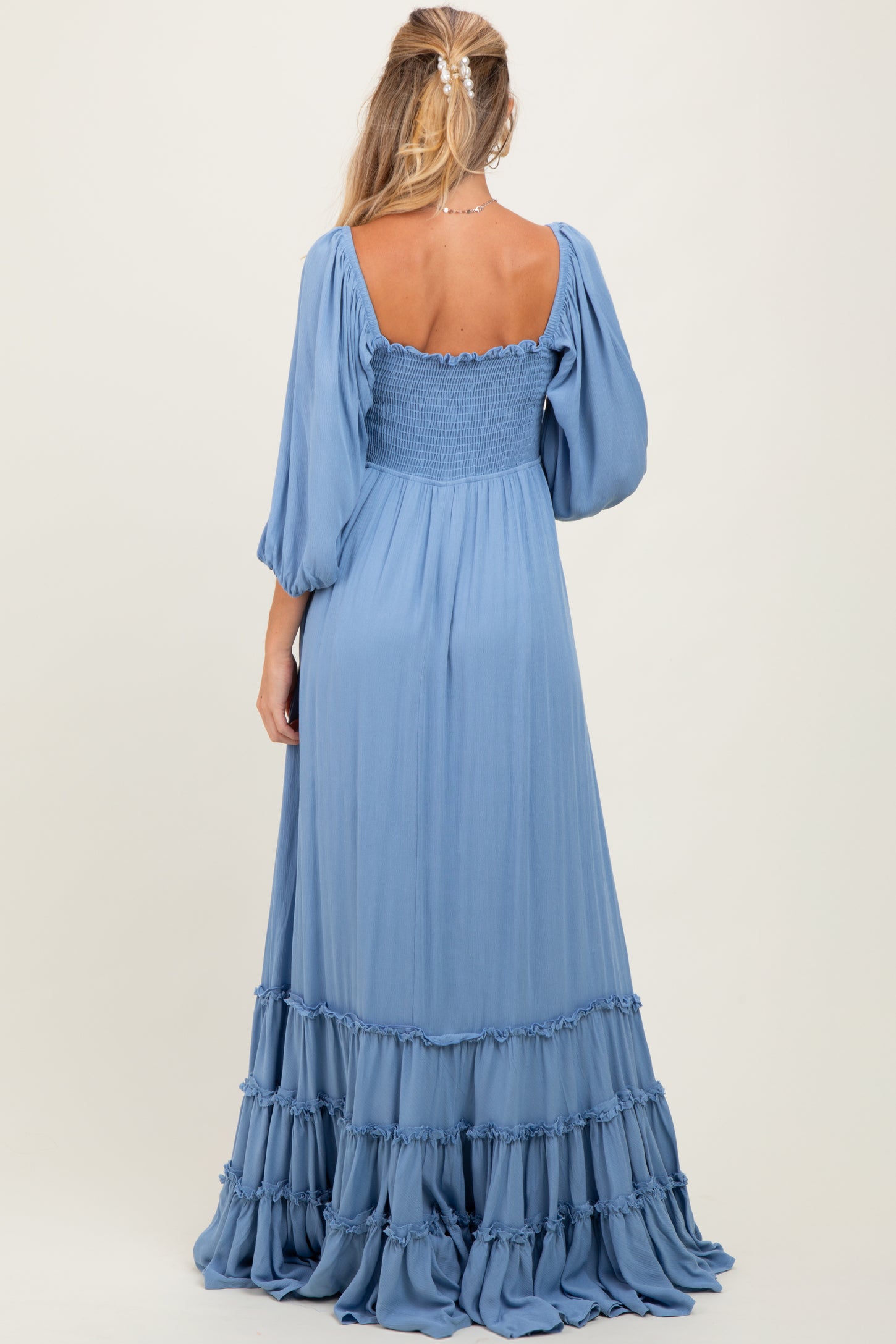 Blue Solid 3/4 Sleeve Smocked Top Tiered Maternity Maxi Dress PinkBlush Blue Solid 3/4 Sleeve Smocked Top Tiered Maternity Maxi Dress PinkBlush